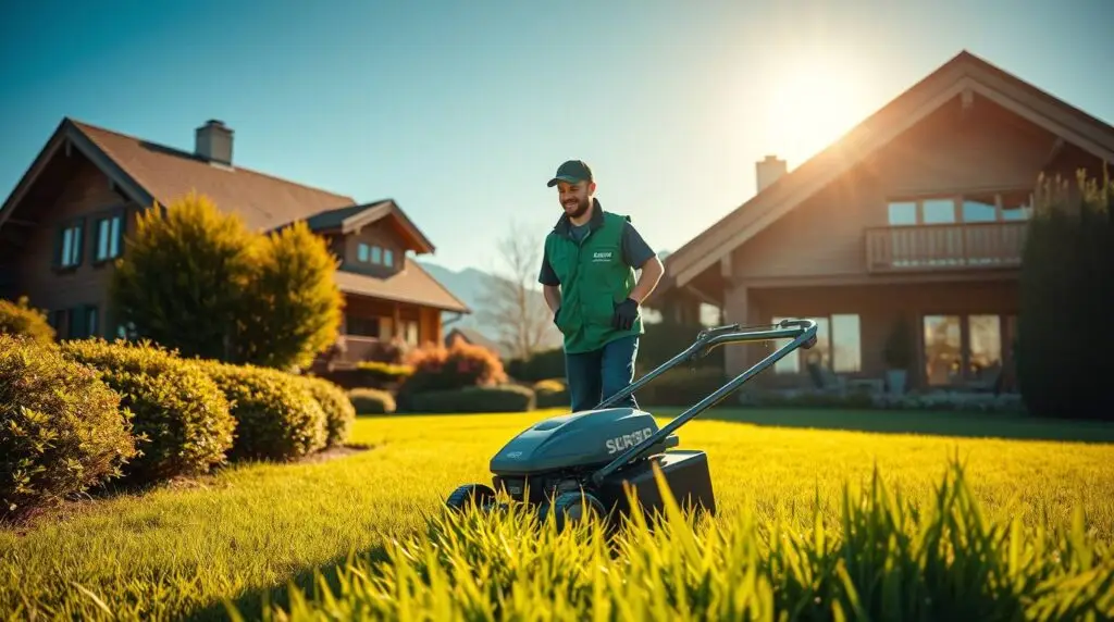 ein Hauswart welches rasen mäht