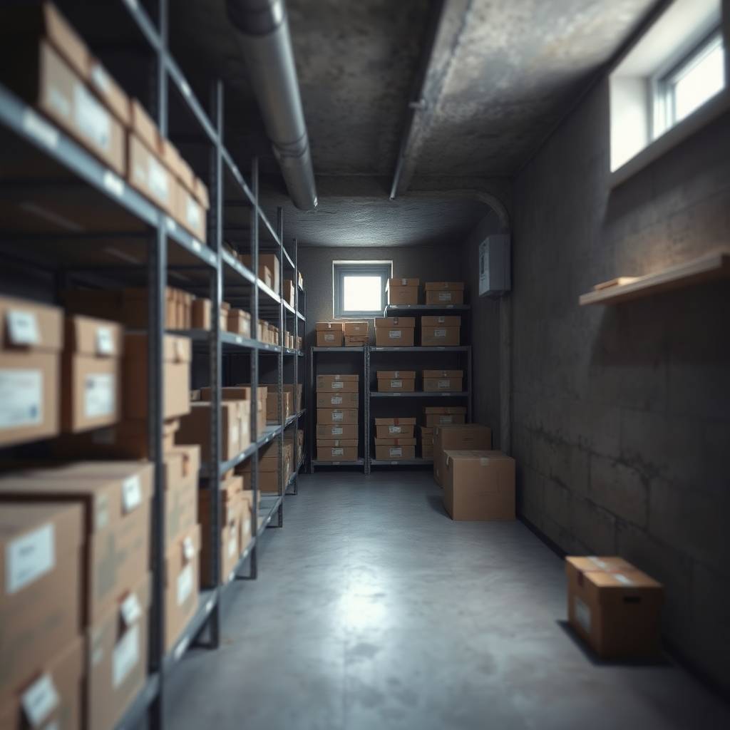 Organisierter Keller in der Schweiz mit Regalen, beschrifteten Boxen und sauberem, gepflegtem Boden.